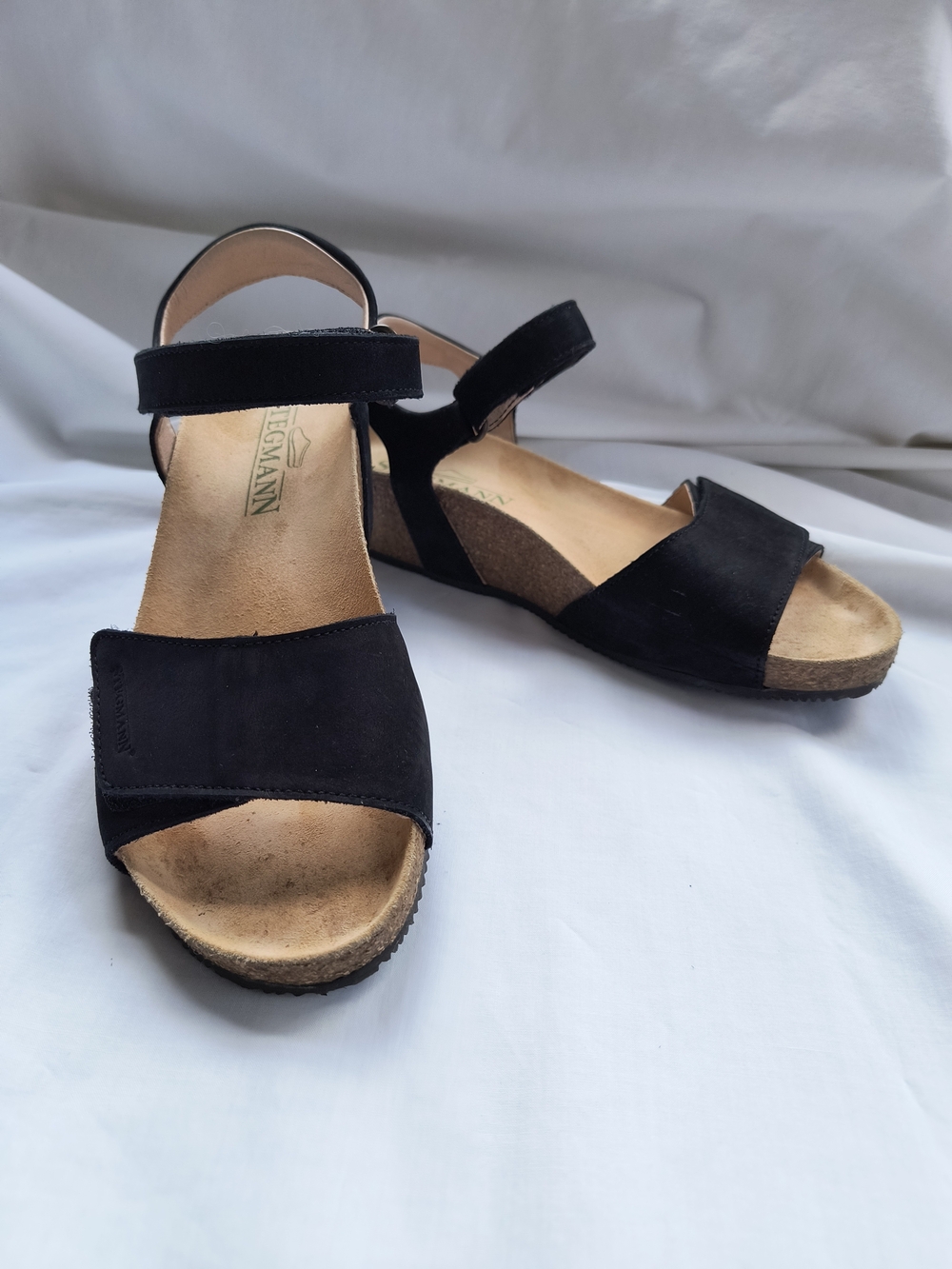 Stegmann Black Leather Wedge Sandals